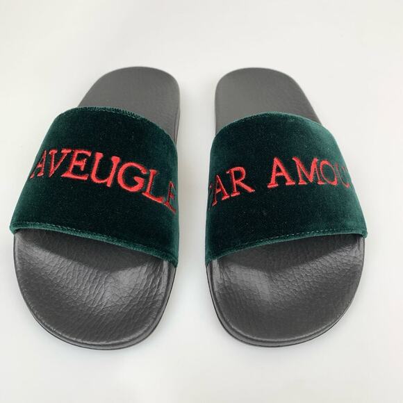 NIB Gucci Pursuit Embroidered Velvet Pool Slide Sandal, Black In Green Size 37 - Picture 4 of 14